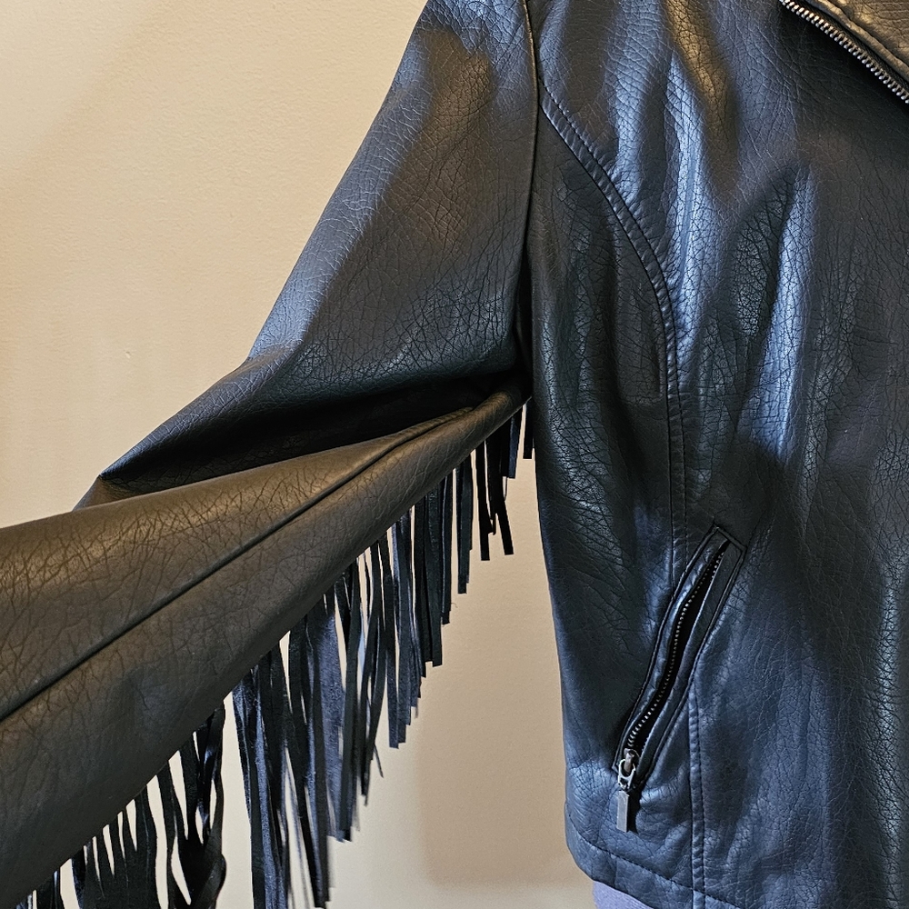 Vegan Leather Fringe Biker Jacket - Picture 2 of 6